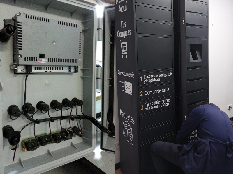 Proceso de fabricación de casilleros inteligentes en Bogotá con estructura metálica y componentes tecnológicos