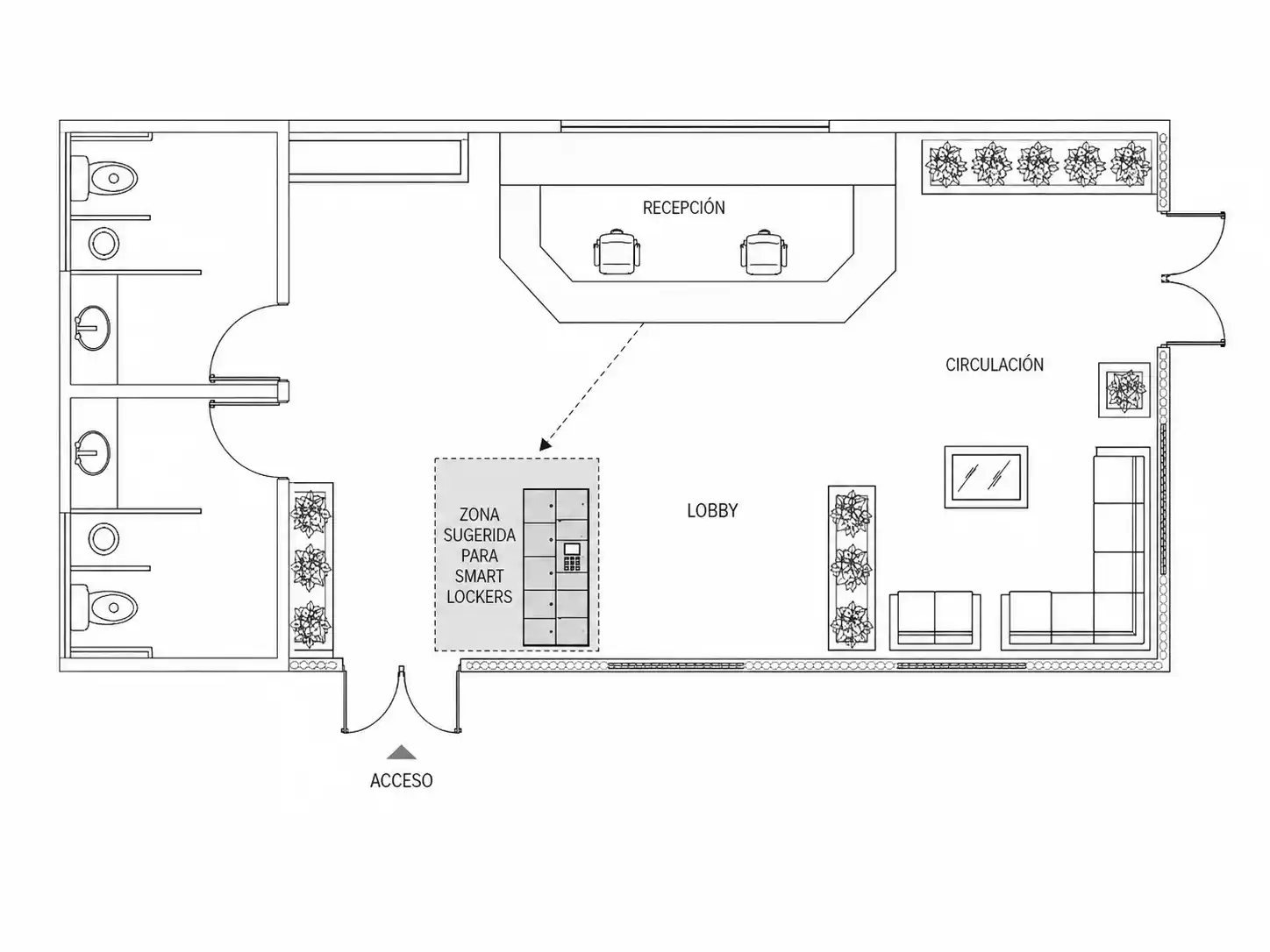 Plano ilustrativo de lobby residencial con zona sugerida para smart lockers visible desde recepción