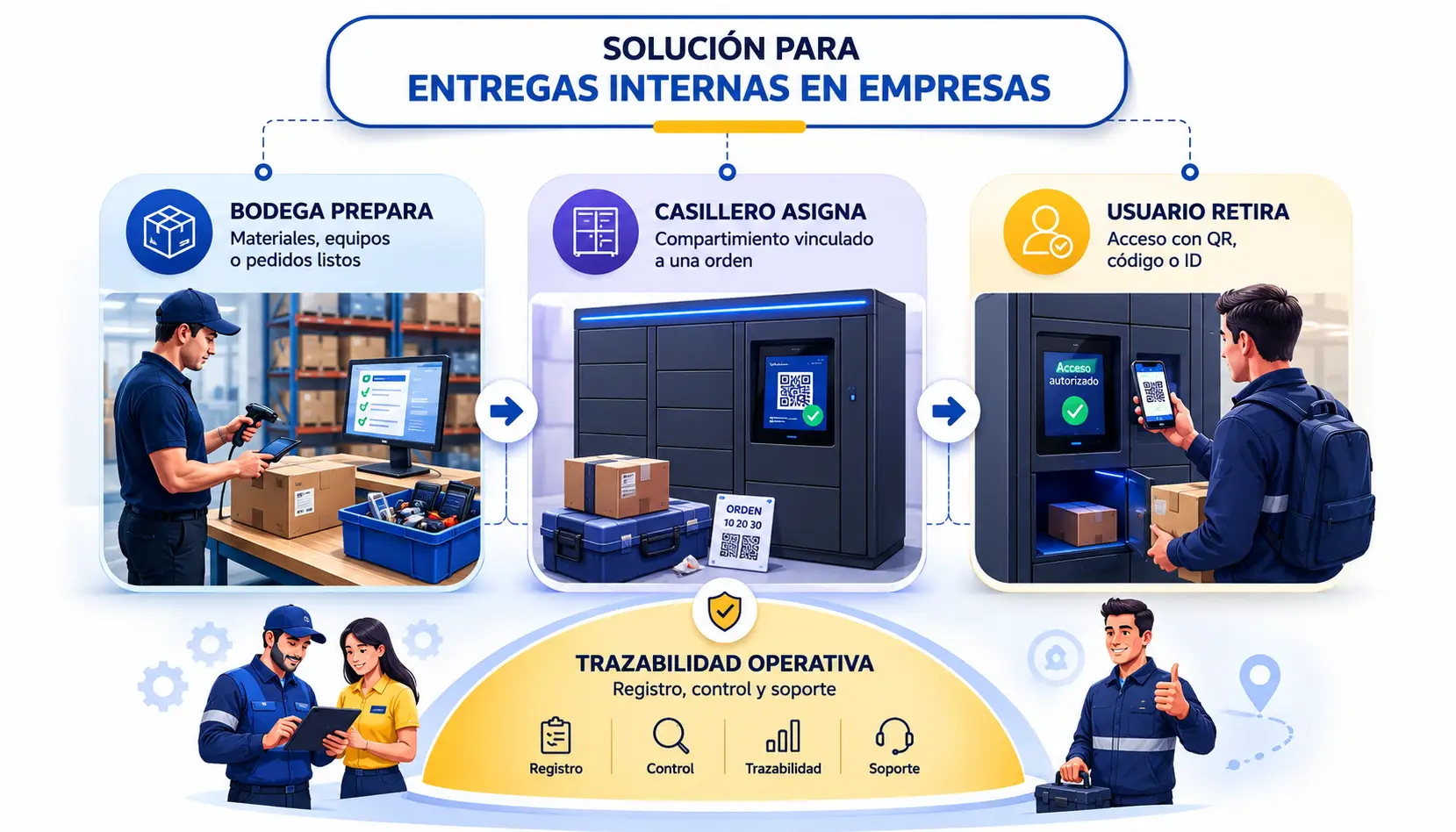 Personal operativo retirando materiales desde un punto de retiro interno en bodega o almacén