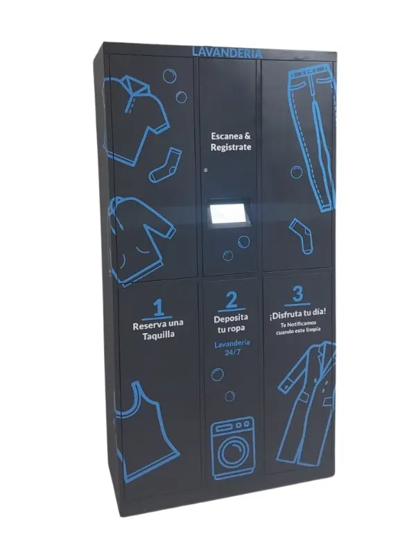 Smart locker para lavandería usado como punto de autoservicio para dejar y retirar ropa
