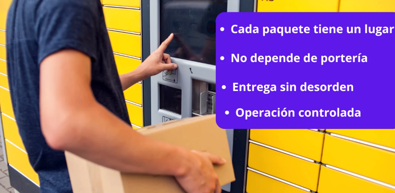 Sistema de casilleros para paquetería en edificio con entrega y retiro organizado de paquetes