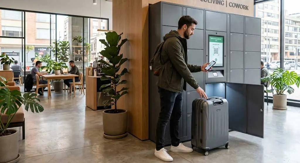 Nómada digital utilizando casillero inteligente para guardar equipaje en un coliving