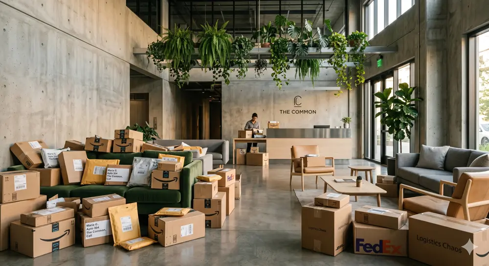 Lobby de coliving moderno con una acumulación caótica de paquetes de e-commerce que bloquean el mobiliario de diseño y las zonas de paso.
