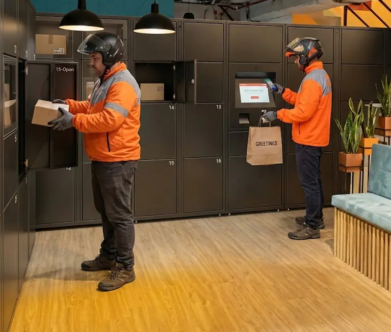 Sistema de automatización de paquetes en coliving operando en un lobby moderno. Se observa la entrega autónoma de pedidos por parte de mensajeros, garantizando una recepción segura y organizada sin necesidad de portería física.