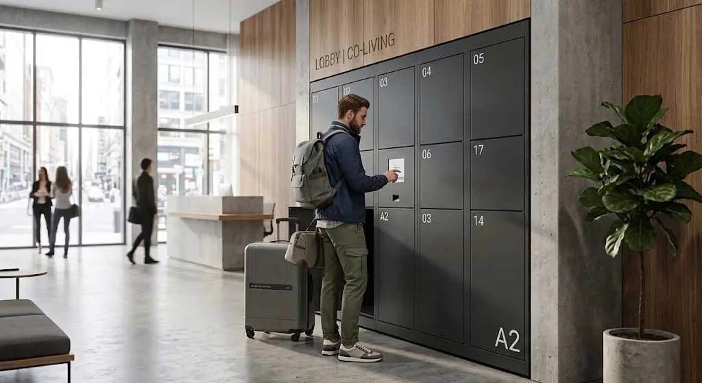 Smart lockers integrados en lobby de coliving para gestión de equipaje regional
