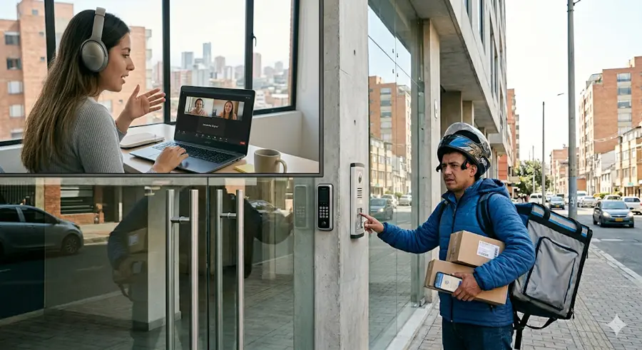 Imagen compuesta que muestra a una residente de coliving en una videollamada de trabajo mientras, en la otra mitad, un domiciliario espera frustrado frente a un citófono sin portería física, representando el problema de la entrega de paquetes.